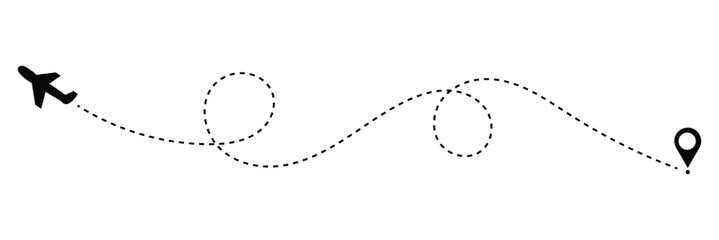 Airplane line path vector icon set of air plane flight route with start point and dash line trace. Various aircraft and destination location pins icons. Aircraft tracking, planes,&nbsp;travel,&nbsp;map .