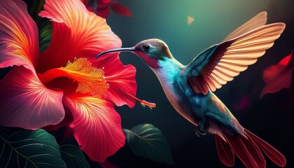 Obraz premium hummingbird hovering near a hibiscus flower