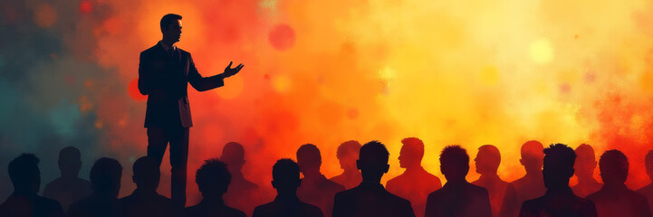 Silhouette of CEO Speaking on Stage, Abstract Digital Collage, Warm Tones Leadership Concept