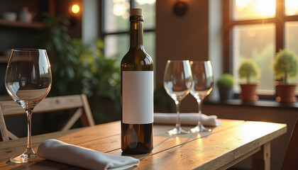 Fototapeta premium Wine bottle mockup. Blank wine label bottle in cozy dining room