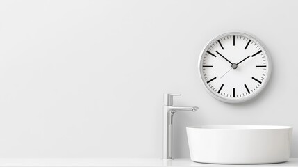 Modern Bathroom Scene with Clock and Sink on White Background