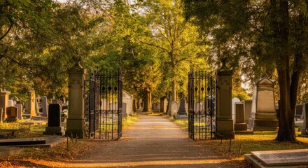 Naklejka premium Tranquil cemetery with sunlit trees and gravestones