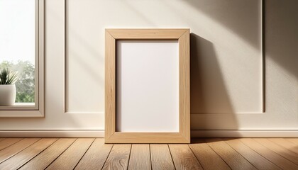 blank wooden frame mockup on light beige parquet floor with shadows
