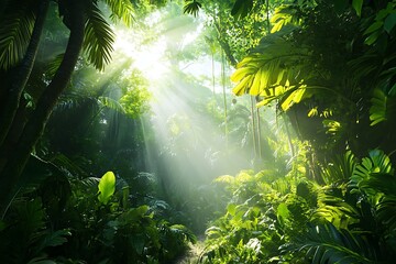 Obraz premium Sunlit Jungle Path - Lush Tropical Forest