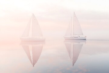 Two sailboats are sailing gently on calm water creating reflections