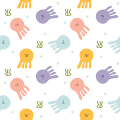 Squid cartoon so cute. On seaweed polka dots white background. Pattern seamless vector illustration. 