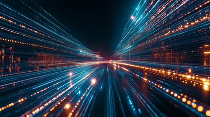 Fototapeta premium Abstract data stream with blue and orange light streaks converging towards a central vanishing point