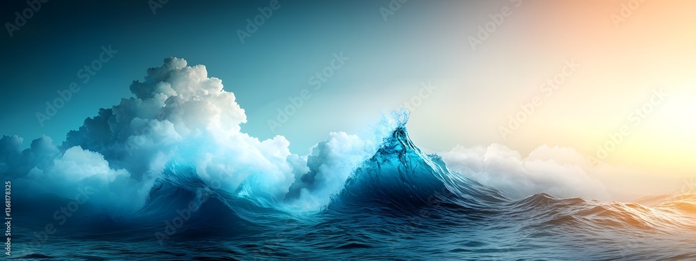 Poster mesmerizing azure digital tides crashing against a stark monochrome horizon evoking the flowing dyna