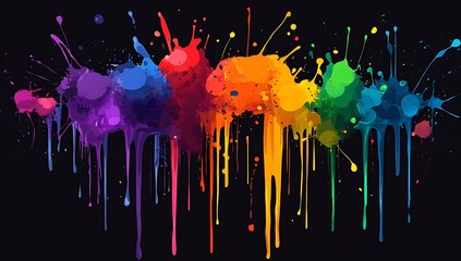 vibrant rainbow of colorful paint splatters and drips creating a dynamic and artistic design on a dark canvas