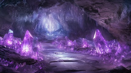 A fantasy crystal cave filled with glowing purple amethyst formations.