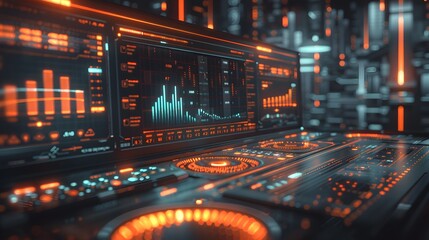 A digital 3D holographic stock market interface floating in a dark room, showing real-time price action, bullish breakouts, and AI-powered financial analysis with futuristic glowing UI elements.