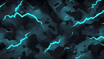 dark abstract camouflage pattern with glowing cyan lightning strikes creating a high contrast and energetic texture