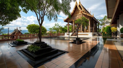 Naklejka premium Elegant thai architecture scenic mountain view landscape photography tranquil environment wide angle cultural serenity