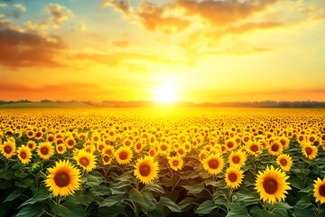 Obraz premium Sunflowers Field at Sunset - A Stunning Landscape