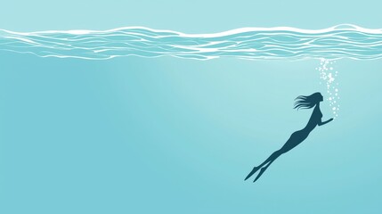 A woman is swimming in the ocean. The water is blue and the sky is clear. The woman is in the water