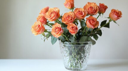 Vibrant orange roses in a basket-shaped glass vase on a white tabletop