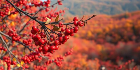 Vibrant red chokeberries cling to dark branches, set against a fiery autumnal landscape, berries, bush