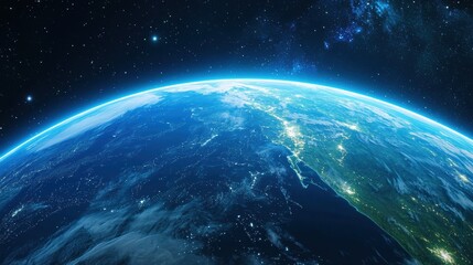 A stunning view of Earth from space, showcasing its vibrant blue oceans and illuminated landmasses against a starry backdrop.