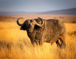 african cape buffalo majestically stands in golden grassland
