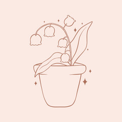Vector line art flowers in pot, cute vector