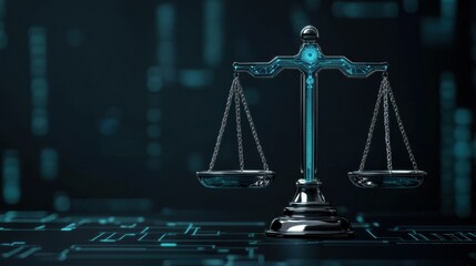 A digital representation of a balanced scale, symbolizing justice, set against a futuristic backdrop with glowing elements.