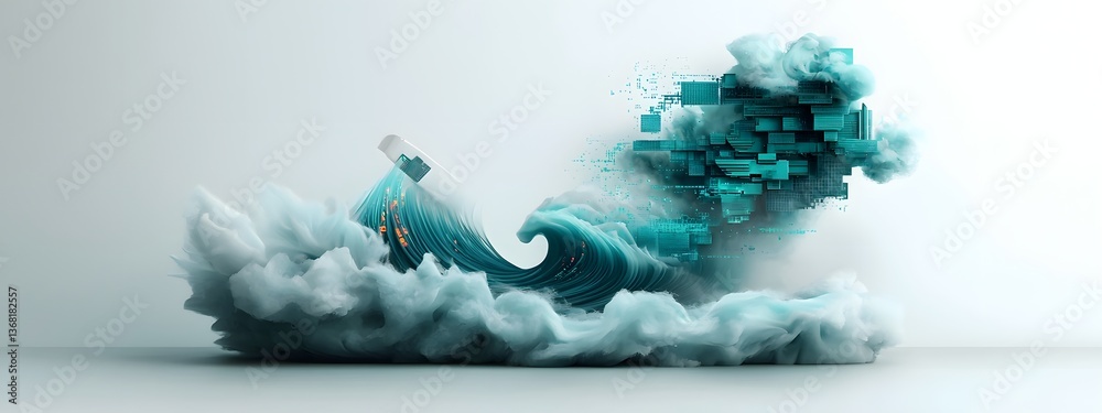 Poster prismatic azure digital breakers cascading in waves of luminescent circuitry and binary code over a 