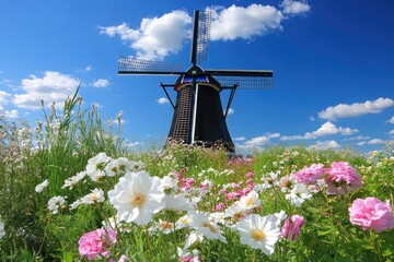 Dutch windmill amidst colorful flowers, sunny day, countryside