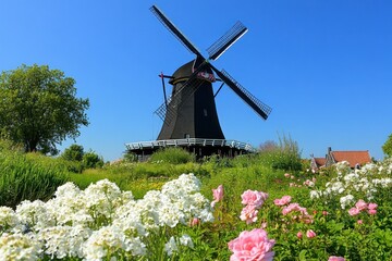 Dutch windmill in flower garden under a vibrant blue sky. Possible use travel postcard