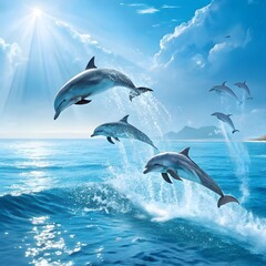 Fototapeta premium A vibrant ocean illustration featuring two dolphins swimming above a colorful coral reef with tropical fish.