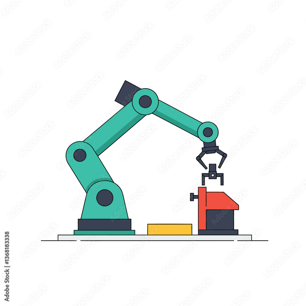 Poster robotic arm performing precise movements in flat design vector art