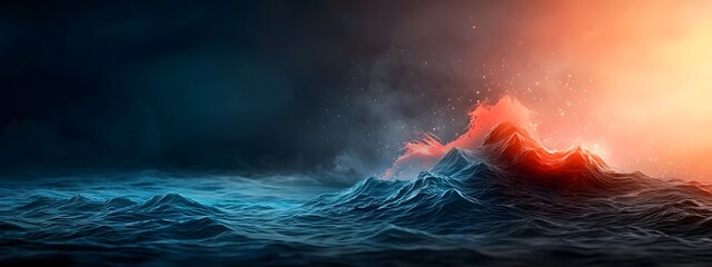 Pulsating indigo digital rollers undulating over a dark and light toned backdrop conveying the unstoppable currents of the contemporary technological revolution