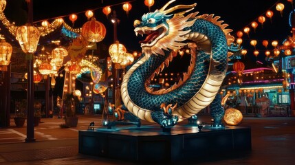 Obraz premium Illuminated Dragon Statue at Night Festival