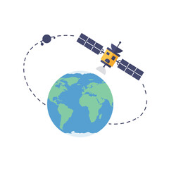 Fototapeta premium Satellite orbiting Earth in flat design style vector art
