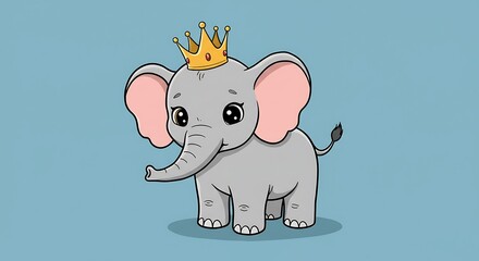 Fototapeta premium Cute Baby Elephant Wearing a Crown Cartoon Illustration on Blue Background