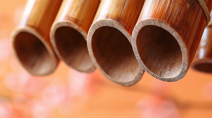 Close-up view of bamboo wind chime with polished tubes against apricot background
