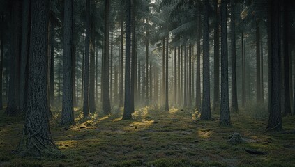 Naklejka premium Sunlight streams through a dense forest filled with tall trees
