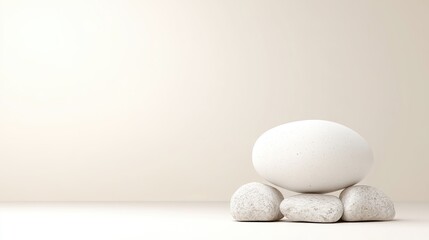 Simple, minimalist scene of a single egg balanced on three stones
