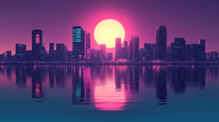 Obraz premium Retro futuristic night city concept. Cityscape isolated on a dark background with reflection in water, retro sun and vintage grunge textures. Vaporwave, Cyberpunk background. Vector illustration