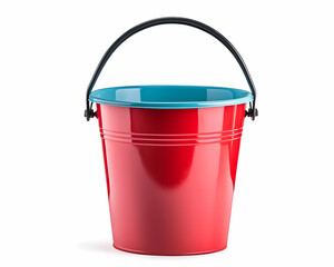 Red metal bucket with blue rim and black handle, isolated on white