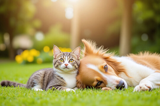 dog and a cat laying in the grass