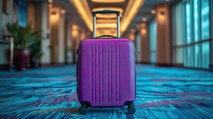 Matte purple suitcase waits alone in a quiet cruise terminal with nautical decor
