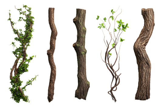 Verschiedene Baumrinden und Lianen mit Ästen PNG mit transparentem Hintergrund

