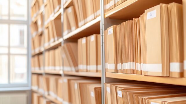 A neatly organized shelf filled with labeled brown file folders, creating a tidy and professional workspace atmosphere, health info records management.
