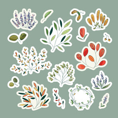 A set of stickers with painted twigs and flowers.