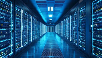 Fototapeta premium Server Room Data Center Blue Lights Technology Infrastructure
