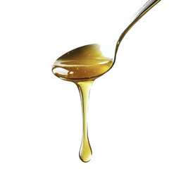 A spoonful of golden syrup overflowing from it.honey on wooden dipper white background