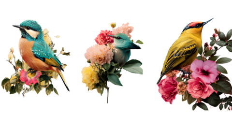 Three images of different birds with flowers, one on each side of the page, colorful, with a yellow background