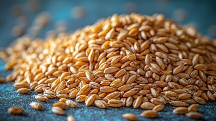Obraz premium Golden wheat grains displayed beautifully on a soft grey background with green reflections