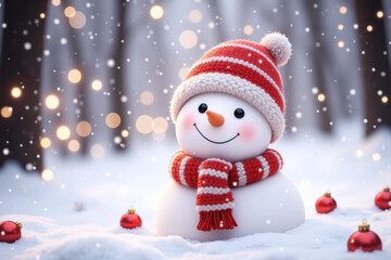 snowman wearing a red hat and scarf in the snow