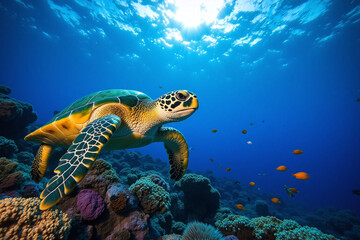 Obraz premium turtle swimming in the ocean surrounded by colorful fish